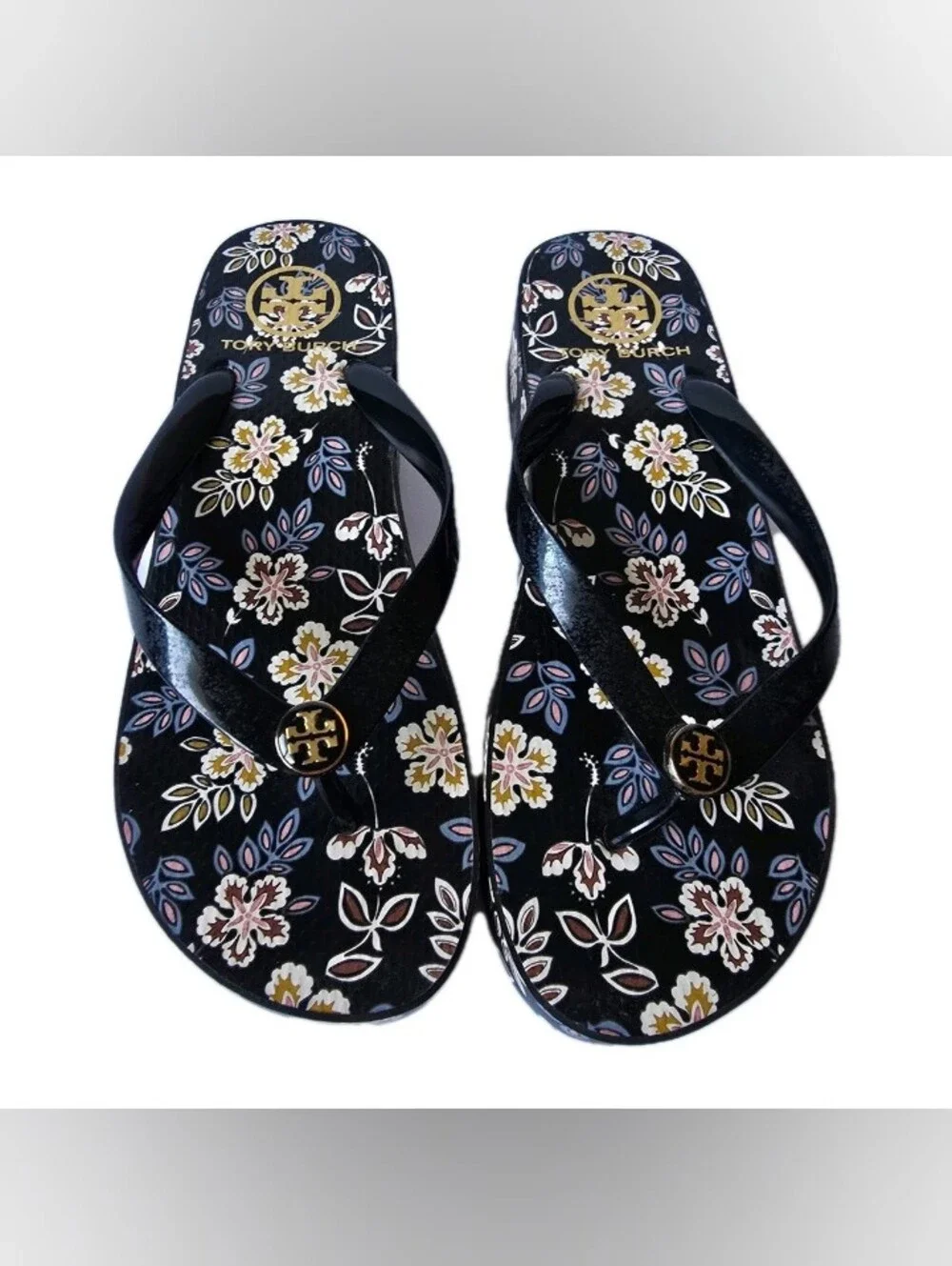 Tory Burch Black Floral Logo Thong Sandals
